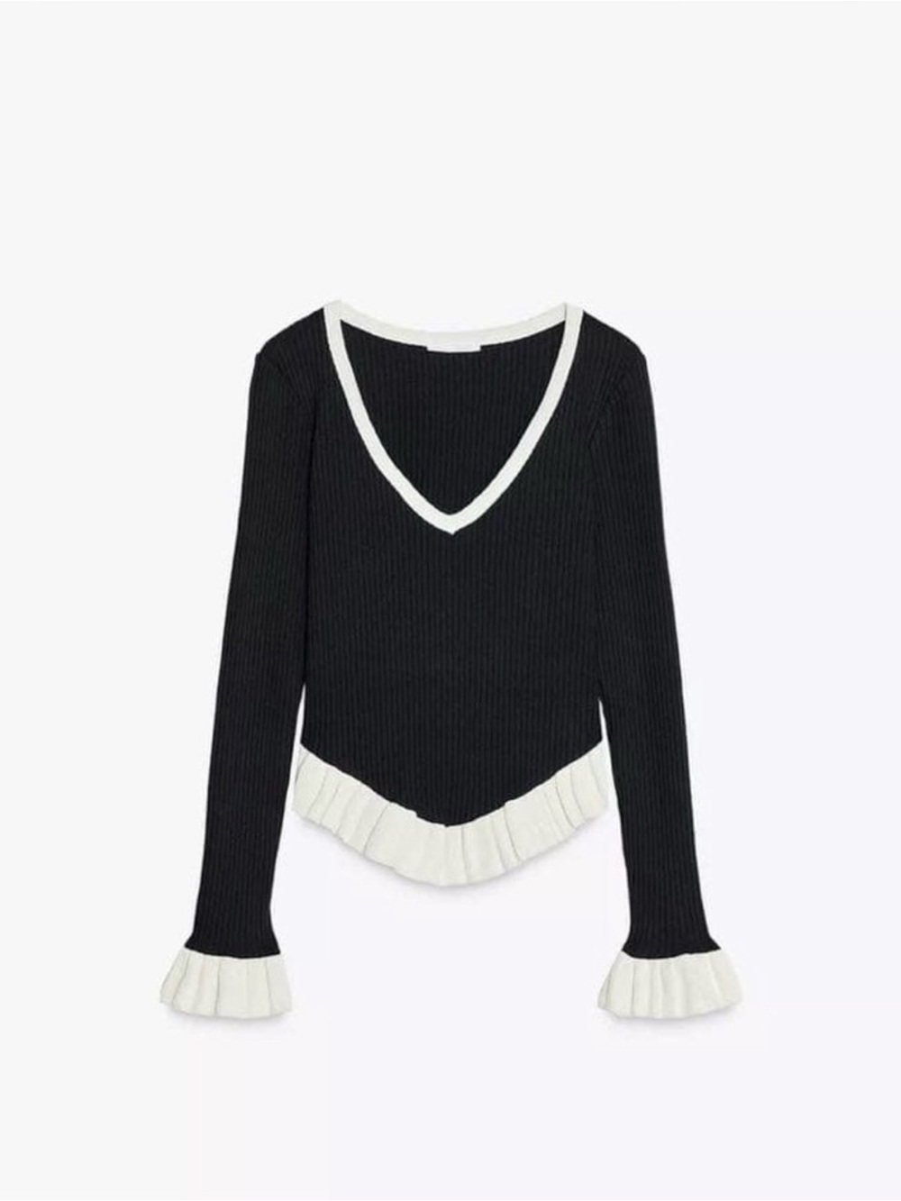 Zara Black Ribbed Sweater Ruffle Hem Deep V Neck Contrast Trim Size Medium - Picture 2 of 8